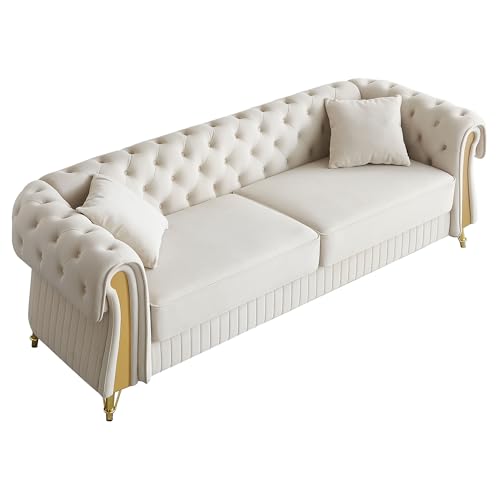 Image of KEIKI 89 inch Chesterfield Velvet Button Tufted Sofa with High Density Foam Cushions and 2 Toss Pillows, Modern Style 3-Seater Couch with 4 Gold Metal Leg, Easy Assembly, for Living Room, Apartment, Beige