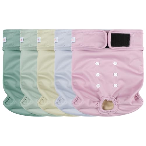 Image of Langsprit Female Dog Diapers for Doggie Puppy,Reusable Dog Period Diapers Female for Heat Peeing,Small Medium Large Doggy Diaper Washable,Dogs Pants 5 Pack, Pastel Colors, Small