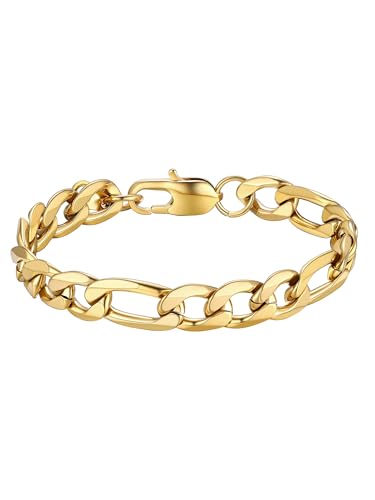 PROSTEEL Chaîne Bracelet Homme Figaro Doré 21cm Gourmette Garçon Plaqué Or 9mm de Large Hip Hop...