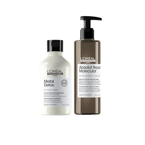 L’Oréal Professionnel, Pack reparador sin sulfatos para todo tipo de cabello seco y dañado, Champú Metal Detox y Sérum Absolut Repair Molecular, Hidratante profesional, Serie Expert, 300 ml + 250 ml