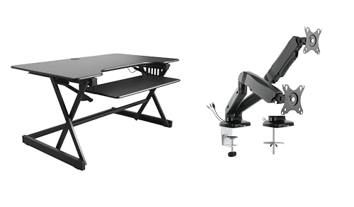 Rocelco 40" Height Adjustable Standing Desk Converter with AC Outlet USB Charger and Dual Monitor Arm Mount - Sit Stand Up Tabletop Riser - Sliding Keyboard Tray - Black (R DADRB-40-ACUSB-MA2)