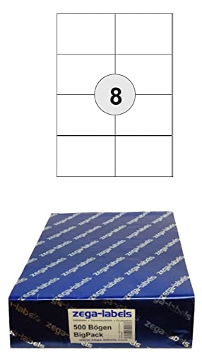 4.000 Etiketten 105 x 74 mm selbstklebend auf DIN A4 Bögen (2x4 Etiketten DIN A7) - 500 Blatt Bigpack - Universell für Laser/Inkjet/Kopierer einsetzbar 8-teilig