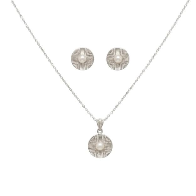 Image of Sri Jagdmaba Pearls 925 Sterling Silver Spiral Disc Pearl Centre Jewellery Set Gift for Women & Girls