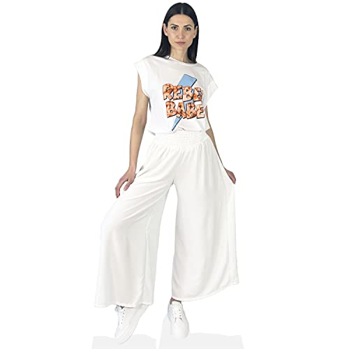 GLOMY Pantalone Donna Tuta leggero a zampa larga Vita Alta Pants da Jogging Elasticizzato, MADE IN ITALY, Bianco