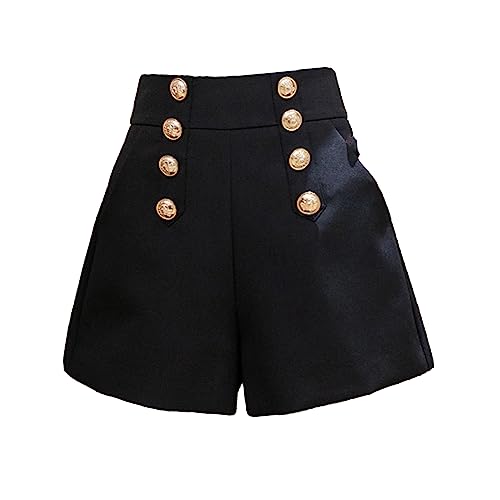 JEsilunmaMY Womens Double Breasted Wide Leg Shorts High Waist A-Line Shorts with Pocket Elegant Summer Lounge Short Pants (Black,Medium)