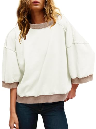 Panadila Womens Oversized Short Sleeve Sweatshirt Crewneck 3/4 Sleeve Tops Summer Cute Color Block Pullover Sweatshirt
