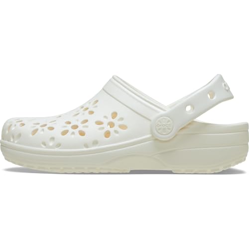 Crocs Unisex-Adult Classic Clogs with Floral Cut Out Design, Chalk, 9 Women/7 Men