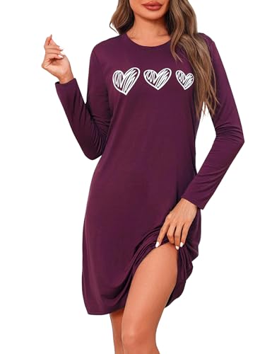 Marvmys Women’s Nightdresses Long Sleeve Cotton Nightgown Round Neck Soft Loose Sleep Dress Sleepwear Loungewear