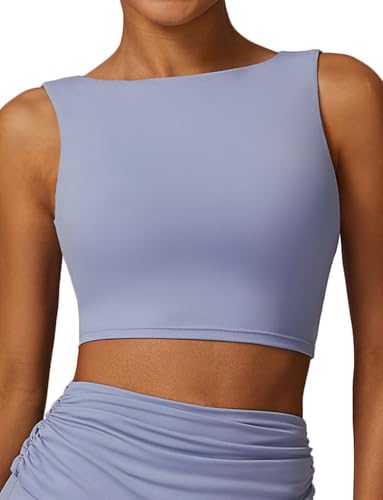 FEOYA Women Elegant Boat Neck Workout Bra Tank Top Open Back Push Up Sports Bra Built-in Shelf Bra Crop Top