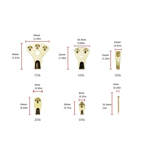 Image of 130pcs /Set Picture Hangers Photo Frame Hanging Hooks Kit with Nails Hardware for Wall Heavy Painting Tool 75lb. Gold