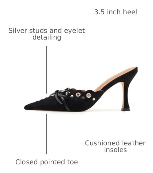 Image of Kitten Heel Mules for Women Bow Tie Suede Stiletto Heels Mule Pointed Toe Studs Slide Heeled Sandal Pumps for Wedding Dress Party