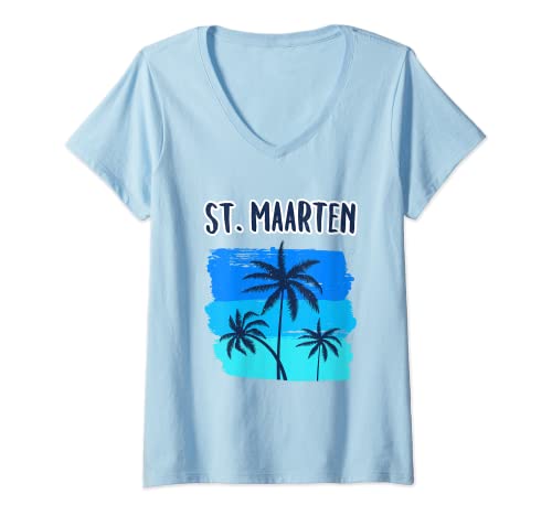 Donna St. Maarten Cruise Stop Vacation Souvenir Palme Grafica Maglietta con Collo a V