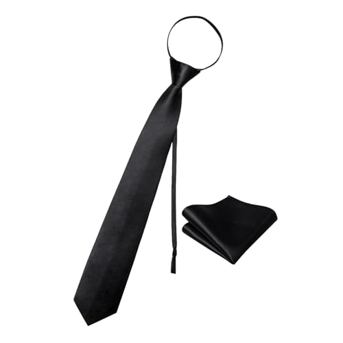 Image of YourTies Zipper Tie for Men Adjustable Pre-tied Satin Neckties and Pocket Square Set Solid Color Business Formal Wedding