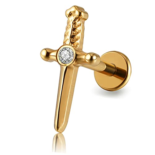 FINE4U 16G 6mm 8mm Piercing Jewelry for Conch Tragus Helix - ASTM F136 Titanium Hypoallergenic Cartilage Piercing with Internal Thread Nickel Free Flat Back Stud Labret Body Jewelry, Titanium, Cubic