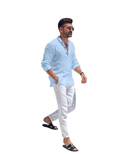 Image of Bellstone Men's Cotton Blend Straight Kurta Shirt Combo with Mandarin Collar - Slim Fit Casual Short Kurti Set Featuring Textured Slub Fabric and Roll-Up Full Sleeves