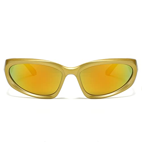 YUELUQU Y2K Wrap Around Sunglasses Men's Women's Futuristic Outdoor Sports Sunshade UV400 Glasses (Gold Frame/Gold Lens) - Image 2