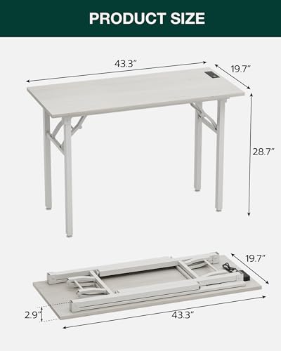 Image of Frylr Small Folding Computer Desk - 43.3 Inch Portable Table for Craft and Study, Lightweight Desk for Small Spaces, Foldable Laptop Table Built-in AC /USB Outlets for Convenience, White Ash