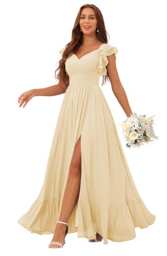 Clothfun Women's Ruffles Sleeves Bridesmaid Dresses Long A Line Chiffon Formal Party Dress with Pockets CY137