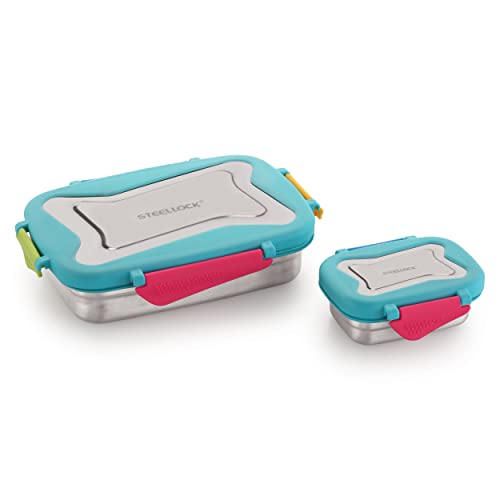 Image of STEELLOCK Smart Stainless Steel Tiffin Lunch Box for School and Office 2pc Set | Airtight & Leakproof | Rectangle| (1pc - 750ml & 1pc - 170ml) Romeo