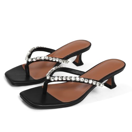 Image of Eteridrey Rhinestone Flip Flop Heels Women Square Toe Kitten Heel Summer