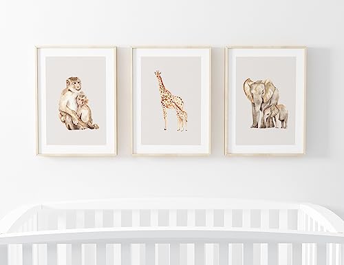 Mum and baby Safari nursery prints for bedroom wall set of 3 elephant, giraffe, monkey, multi, A4