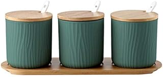 Affogato Ceramic Spice Jars 3pcs Spice Storage Containers With Lids and Spoon 300ml Spice Box With Wooden Spice Rack Kkitchen Tools Small Ceramic Condiment Jar Wooden Lid