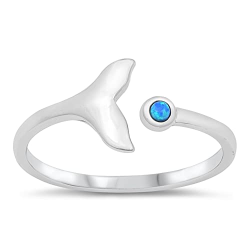 CloseoutWarehouse Blue Simulated Opal Adjustable Whale Tail Ring Sterling Silver