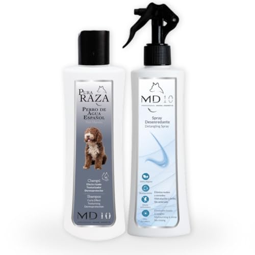 Pack Rutina Limpieza - Champú para Perro de Agua Español Marrón 300ml + Spray Desenredante e Hidratante para Perros sin Aclarado 300ml - Rutina Higiene Completa para Perro de Agua - MD10 Collection