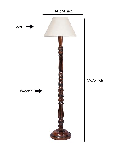 Image of White Jute Shade Wooden Floor Lamp with Wooden Base, Height - 53 Inches | Contemporary Standing Lamp for Living Room, Bedroom & Office | Elegant Lighting for Stylish Home Interiors