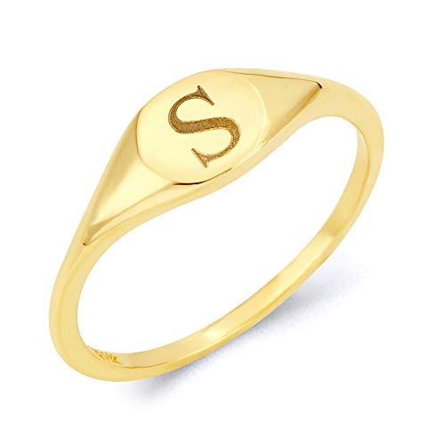 10k Real Solid Gold Initial Signet Ring, Size 5, Engraved with English Letter, Alphabet Jewelry for Her (S)