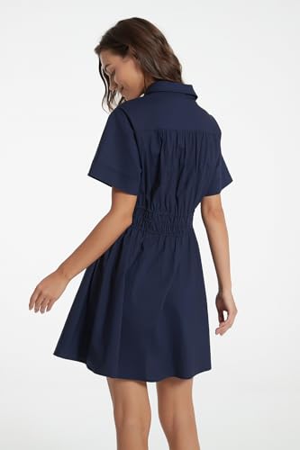 Image of D-Sun Women Casual Button Down Shirt Dress V-Neck Short Sleeve Tie Waist Mini Shirt A-Line Flowy Elegant Short Party Dress