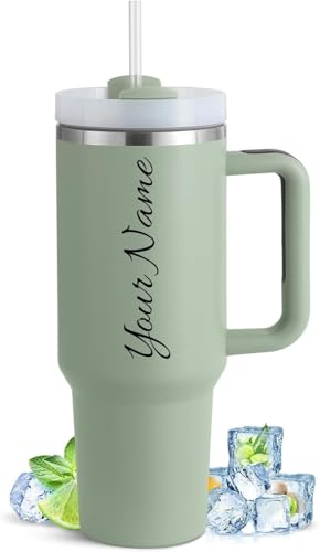 Image of Zephorus Personalized Stainless Steel Tumbler with Handle, 1200ml Capacity, Black Insulated Travel Mug with Straw, Custom Name Design (Green)