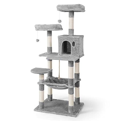 Image of BOWHAUS Tall Cat Tree for Indoor Large Cats or Kittens, Multi-Level Cat Activity Tree with Scratching Posts, Hammock, Cat Cave Condo, Modern Cute Small Cat Climbing Tower with Widened Perch