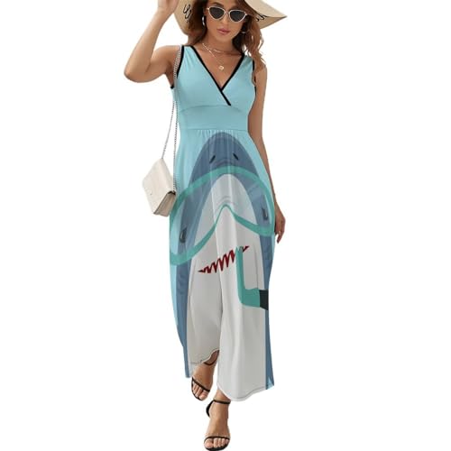 Robe longue d'été col V Requin : robe maxi de plage sans manches décontractée pour femme