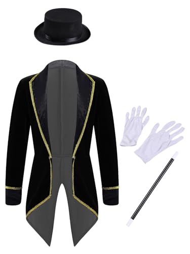 Hansber Kids Boys Prince Roleplay Outfits Circus Magician Tuxedo Jacket with Accessories Set for Stage Party