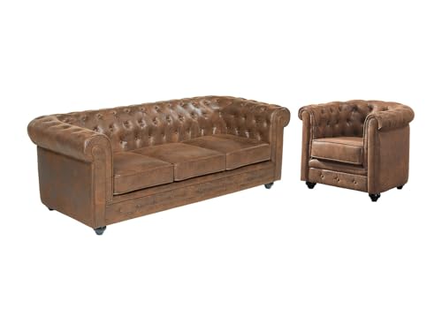 Vente-unique - Canapé 3 Places et Fauteuil Chesterfield en Microfibre Aspect Cuir Vieilli