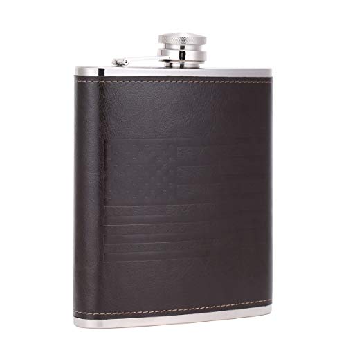 American Flag 18 oz Coffee Color Stainless Steel Whiskey Hip Flasks for Liquor with Leather Wrapped, TOX TANEAXON