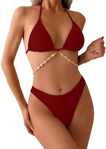 Yutdeng Costumi da Bagno Donna Due Pezzi Bikini Set Regolabile Halter Costumi da Mare Imbottito Reggiseno Push Up Triangolo Bikini Costume da Spiaggia Estivo Brasiliana Beachwear,Vin Rosso,L