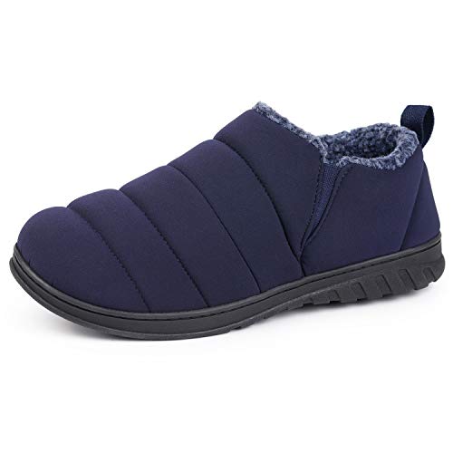 HomeTop Men's Warm Quilted Memory Foam House Shoes Slip Resistant Loafer Slipper with Indoor and Outdoor Rubber Sole (11, Navy Blue)