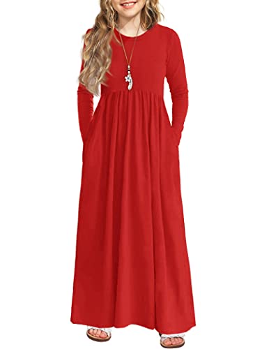 Image of Arshiner Girls Maxi Dress Long /Short Sleeve Casual Holiday Dress with Pockets for 5-13 Years