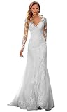 HUINI Tüll Hochzeitskleid für die Braut Lange Ärmel Spitze Boho Strand Meerjungfrau Brautkleider mit Schleppe Weiß 38