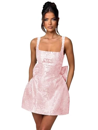 MAGGCIF Jacquard Satin Homecoming Dresses for Teens with Bow Square Neck A Line Short Mini Prom Cocktail Dress