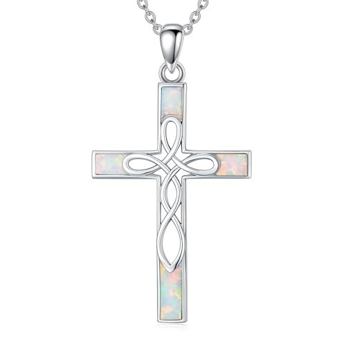 AOBOCO Celtic Cross Opal Necklace Sterling Silver Irish Knot Infinity Cross Pendant Christian Religious Faith Jewelry Gift for Women Her with 18