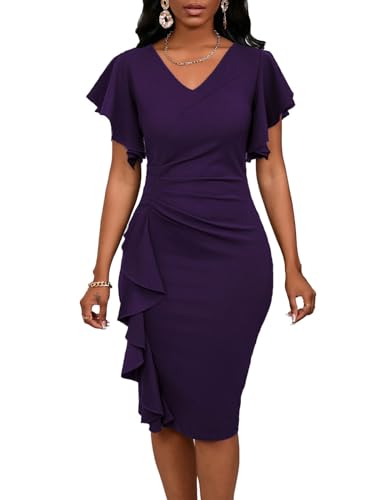 Summer Church Dress for Women V Neck Ruffle Short Sleeve Bodycon Work Midi Dresses - Main Image