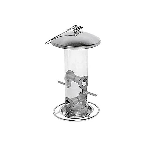 dobar® 10089 Vogelfuttersäule mit Edelstahlschlaufe - Futterstation für Wildvögel - Futterspender Acryglassilo für Sämereien - Futtertablet Stahl für Garten/Terrasse/Balkon - Ø 14 cm x 26 cm - Silber