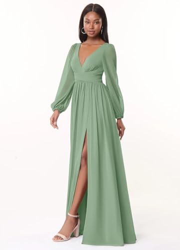 Chiffon Bridesmaid Dresses with Slit for Wedding V-Neck Formal Dress Long Sleeve Prom Evening Gowns for Women4