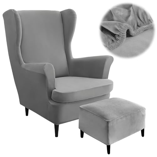 Ohrensessel Überzug: 3-Teilig Dunkelgrauer Samt, Stretch Elastisch, Schutz Und Komfort, Für Wohnzimmer (Rückenlehne 95-100 Cm/78-85 Cm, Stuhlbreite 84-90 Cm)