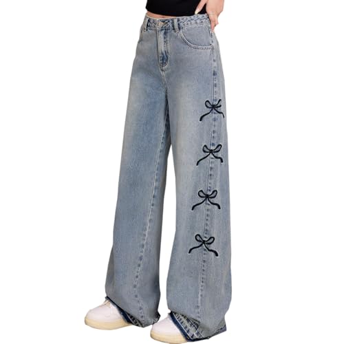 Fashion Women's Jeans Y2K High Waist Casual Vintage Baggy Straight Cut Cute Bow Embroidered Denim Pants