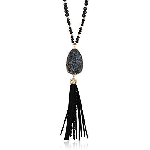 RIAH FASHION Bohemian Pendant Beaded Long Statement Necklace - Sparkly Crystal Bead Boho Teardrop, Natural Stone, Tassel Charm Wrap Lariat