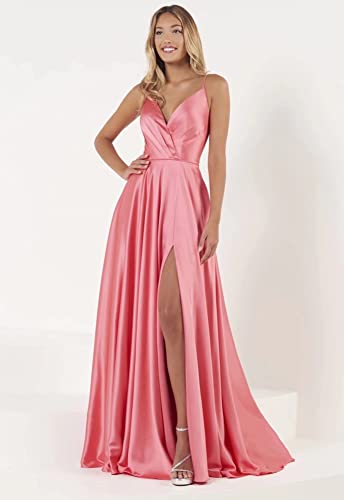 Qqcute Women's Champagne Spaghetti Straps Prom Dress With Slit Long V Neck Satin A Line Formal Evening Party Gown With Pockets(Us6) #TOP1